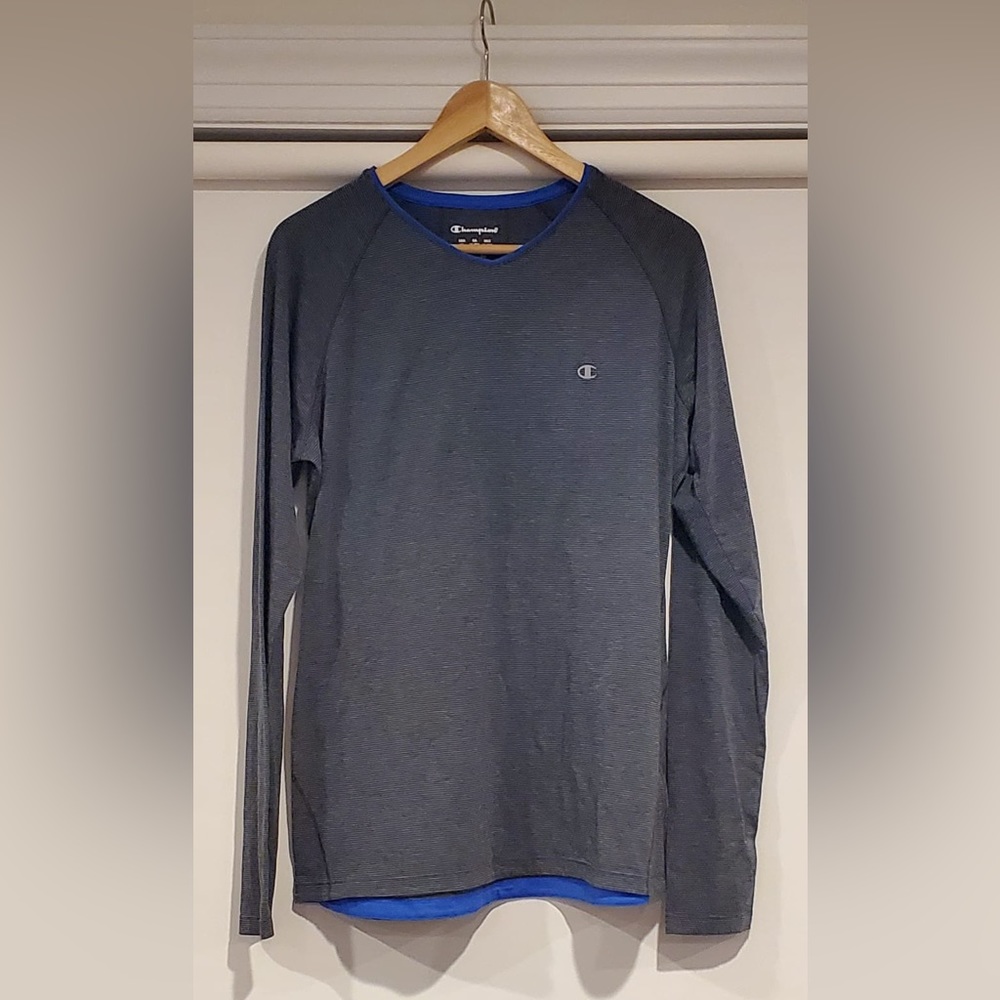 Champion long sleeve gray shirt with blue trim size XL